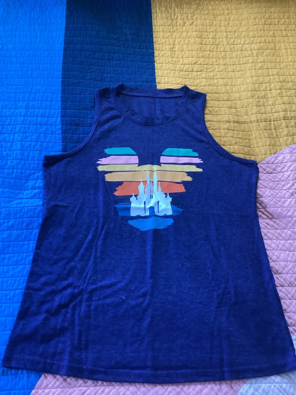 Amazon Women's Navy Blue Sleeveless Tank with Rainbow Castle Graphic